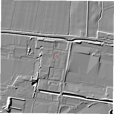 Shaded relief map of the ground around LS256NS, computed from Environment Agency LiDAR. The ground here sits at about 8 m above sea level and falls 9 m across the surrounding 800 m. Surface water reaching this point runs off ground lying to the west-north-west, 0.6 m higher.