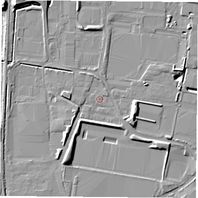 Shaded relief map of the ground around LS256NW, computed from Environment Agency LiDAR. The ground here sits at about 8 m above sea level and falls 12 m across the surrounding 800 m. Surface water reaching this point runs off ground lying to the north-west, 9.2 m higher.