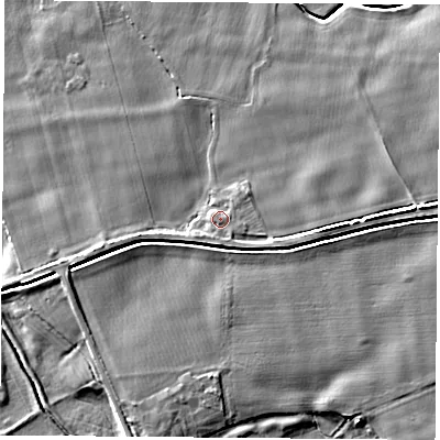 Shaded relief map of the ground around LS256NY, computed from Environment Agency LiDAR. The ground here sits at about 8 m above sea level and falls 6 m across the surrounding 800 m. Surface water reaching this point runs off ground lying to the east-south-east, 0.8 m higher.