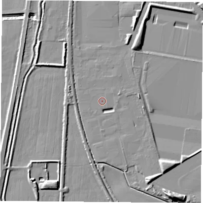 Shaded relief map of the ground around LS256NZ, computed from Environment Agency LiDAR. The ground here sits at about 8 m above sea level and falls 12 m across the surrounding 800 m. Surface water reaching this point runs off ground lying to the east-north-east, 2.3 m higher.