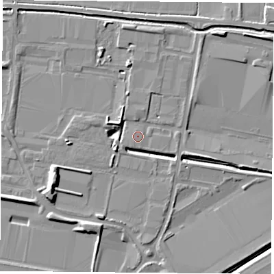 Shaded relief map of the ground around LS256PB, computed from Environment Agency LiDAR. The ground here sits at about 8 m above sea level and falls 9 m across the surrounding 800 m. Surface water reaching this point runs off ground lying to the east-south-east, 4.2 m higher.
