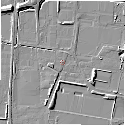 Shaded relief map of the ground around LS256PD, computed from Environment Agency LiDAR. The ground here sits at about 8 m above sea level and falls 12 m across the surrounding 800 m. Surface water reaching this point runs off ground lying to the west-south-west, 2.1 m higher.