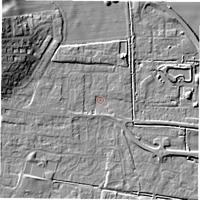 Shaded relief map of the ground around LS256PG, computed from Environment Agency LiDAR. The ground here sits at about 8 m above sea level and falls 15 m across the surrounding 800 m. Surface water reaching this point runs off ground lying to the west-south-west, 2.3 m higher.
