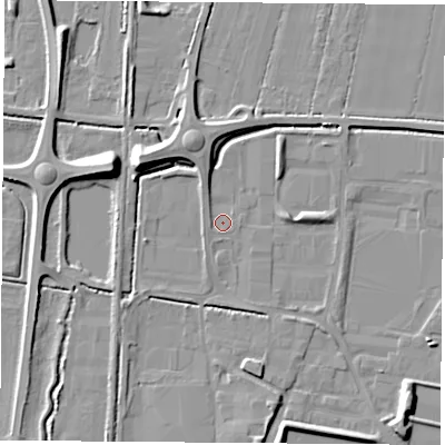 Shaded relief map of the ground around LS256PJ, computed from Environment Agency LiDAR. The ground here sits at about 8 m above sea level and falls 9 m across the surrounding 800 m. Surface water reaching this point runs off ground lying to the west-north-west, 1.1 m higher.
