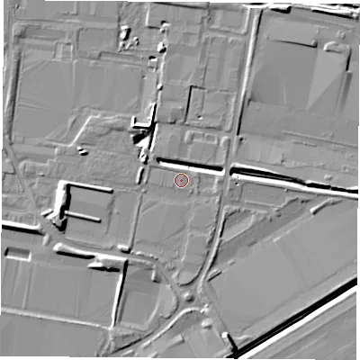 Shaded relief map of the ground around LS256PL, computed from Environment Agency LiDAR. The ground here sits at about 8 m above sea level and falls 9 m across the surrounding 800 m. Surface water reaching this point runs off ground lying to the west-north-west, 0.5 m higher.