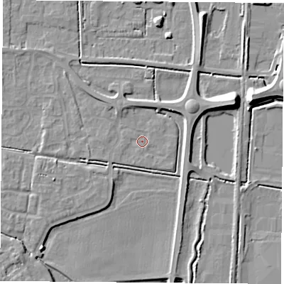 Shaded relief map of the ground around LS256PP, computed from Environment Agency LiDAR. The ground here sits at about 9 m above sea level and falls 12 m across the surrounding 800 m. Surface water reaching this point runs off ground lying to the north-north-west, 2.1 m higher.