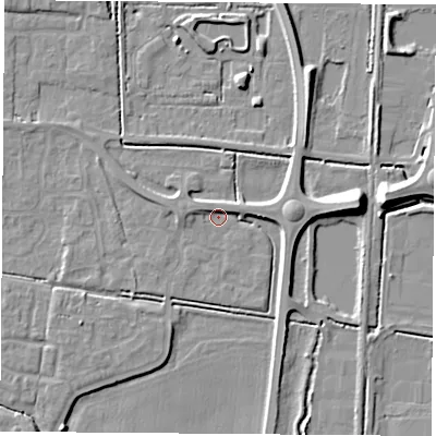 Shaded relief map of the ground around LS256PQ, computed from Environment Agency LiDAR. The ground here sits at about 8 m above sea level and falls 9 m across the surrounding 800 m. Surface water reaching this point runs off ground lying to the east-north-east, 2.2 m higher.