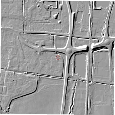 Shaded relief map of the ground around LS256PR, computed from Environment Agency LiDAR. The ground here sits at about 9 m above sea level and falls 9 m across the surrounding 800 m. Surface water reaching this point runs off ground lying to the north-north-west, 3.3 m higher.