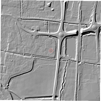 Shaded relief map of the ground around LS256PS, computed from Environment Agency LiDAR. The ground here sits at about 9 m above sea level and falls 12 m across the surrounding 800 m. Surface water reaching this point runs off ground lying to the south-south-east, 0.6 m higher.