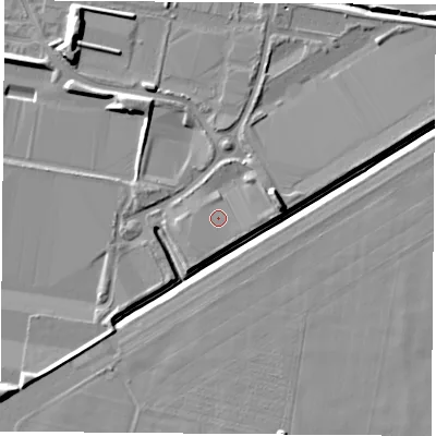 Shaded relief map of the ground around LS256PT, computed from Environment Agency LiDAR. The ground here sits at about 8 m above sea level and falls 9 m across the surrounding 800 m. Surface water reaching this point runs off ground lying to the south, 0.9 m higher.