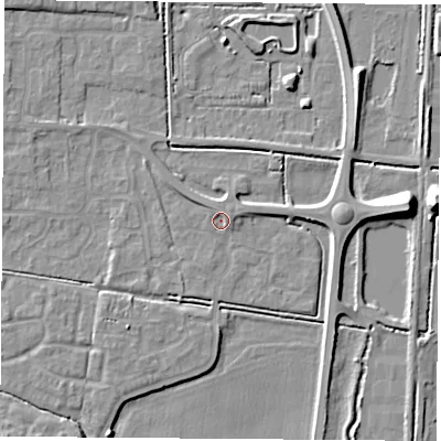 Shaded relief map of the ground around LS256PU, computed from Environment Agency LiDAR. The ground here sits at about 9 m above sea level and falls 9 m across the surrounding 800 m. Surface water reaching this point runs off ground lying to the north-north-east, 1.6 m higher.