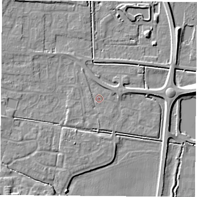Shaded relief map of the ground around LS256PW, computed from Environment Agency LiDAR. The ground here sits at about 9 m above sea level and falls 8 m across the surrounding 800 m. Surface water reaching this point runs off ground lying to the west, 3.1 m higher.