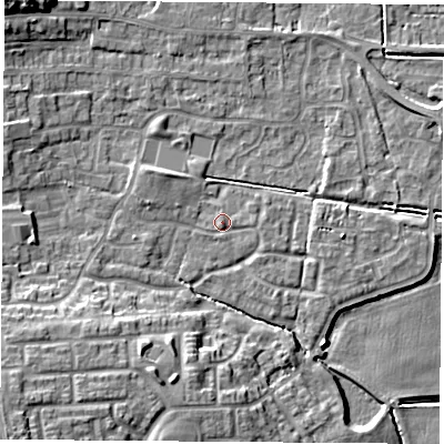 Shaded relief map of the ground around LS256QA, computed from Environment Agency LiDAR. The ground here sits at about 9 m above sea level and falls 15 m across the surrounding 800 m. Surface water reaching this point runs off ground lying to the south, 0.9 m higher.
