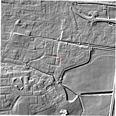 Shaded relief map of the ground around LS256QD, computed from Environment Agency LiDAR. The ground here sits at about 9 m above sea level and falls 13 m across the surrounding 800 m. Surface water reaching this point runs off ground lying to the west-south-west, 7.5 m higher.