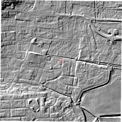 Shaded relief map of the ground around LS256QE, computed from Environment Agency LiDAR. The ground here sits at about 9 m above sea level and falls 13 m across the surrounding 800 m. Surface water reaching this point runs off ground lying to the west-north-west, 2.6 m higher.