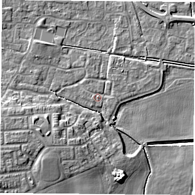 Shaded relief map of the ground around LS256QG, computed from Environment Agency LiDAR. The ground here sits at about 9 m above sea level and falls 14 m across the surrounding 800 m. Surface water reaching this point runs off ground lying to the west-south-west, 7.7 m higher.
