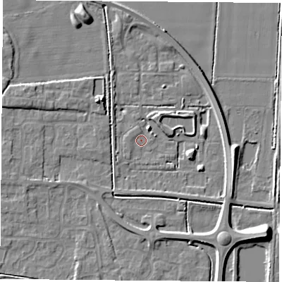 Shaded relief map of the ground around LS256QP, computed from Environment Agency LiDAR. The ground here sits at about 8 m above sea level and falls 9 m across the surrounding 800 m. Surface water reaching this point runs off ground lying to the east, 6.0 m higher.