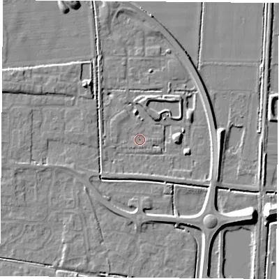 Shaded relief map of the ground around LS256QQ, computed from Environment Agency LiDAR. The ground here sits at about 8 m above sea level and falls 9 m across the surrounding 800 m. Surface water reaching this point runs off ground lying to the east, 6.0 m higher.