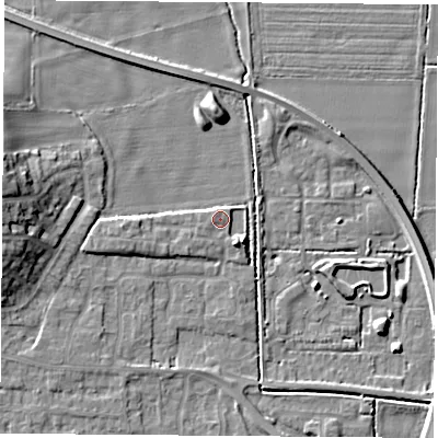 Shaded relief map of the ground around LS256QR, computed from Environment Agency LiDAR. The ground here sits at about 9 m above sea level and falls 11 m across the surrounding 800 m. Surface water reaching this point runs off ground lying to the south-east, 4.2 m higher.