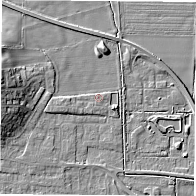Shaded relief map of the ground around LS256QS, computed from Environment Agency LiDAR. The ground here sits at about 9 m above sea level and falls 13 m across the surrounding 800 m. Surface water reaching this point runs off ground lying to the east-south-east, 4.2 m higher.