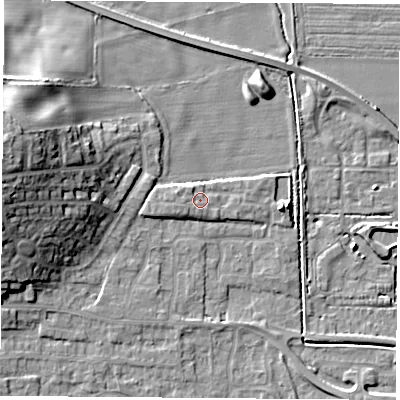 Shaded relief map of the ground around LS256QT, computed from Environment Agency LiDAR. The ground here sits at about 10 m above sea level and falls 17 m across the surrounding 800 m. Surface water reaching this point runs off ground lying to the west-south-west, 1.8 m higher.
