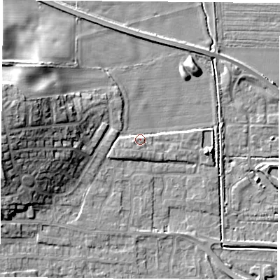 Shaded relief map of the ground around LS256QW, computed from Environment Agency LiDAR. The ground here sits at about 10 m above sea level and falls 18 m across the surrounding 800 m. Surface water reaching this point runs off ground lying to the south-south-west, 2.5 m higher.
