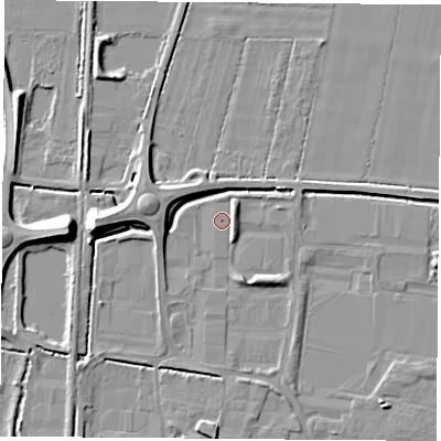 Shaded relief map of the ground around LS256QX, computed from Environment Agency LiDAR. The ground here sits at about 8 m above sea level and falls 9 m across the surrounding 800 m. Surface water reaching this point runs off ground lying to the west-north-west, 6.0 m higher.