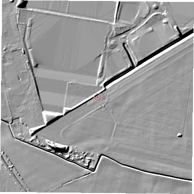 Shaded relief map of the ground around LS256QY, computed from Environment Agency LiDAR. The ground here sits at about 8 m above sea level and falls 12 m across the surrounding 800 m. Surface water reaching this point runs off ground lying to the south-west, 8.6 m higher.