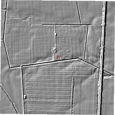 Shaded relief map of the ground around LS256QZ, computed from Environment Agency LiDAR. The ground here sits at about 8 m above sea level and falls 4 m across the surrounding 800 m. Surface water reaching this point runs off ground lying to the south-west, 3.4 m higher.