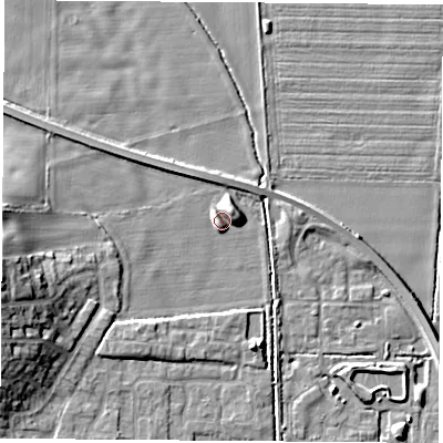 Shaded relief map of the ground around LS256RD, computed from Environment Agency LiDAR. The ground here sits at about 9 m above sea level and falls 13 m across the surrounding 800 m. Surface water reaching this point runs off ground lying to the west-south-west, 12.4 m higher.