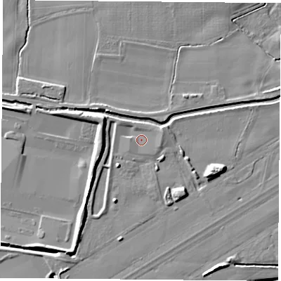 Shaded relief map of the ground around LS256RE, computed from Environment Agency LiDAR. The ground here sits at about 7 m above sea level and falls 8 m across the surrounding 800 m. Surface water reaching this point runs off ground lying to the east-north-east, 1.7 m higher.