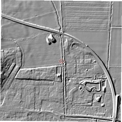 Shaded relief map of the ground around LS256RG, computed from Environment Agency LiDAR. The ground here sits at about 8 m above sea level and falls 9 m across the surrounding 800 m. Surface water reaching this point runs off ground lying to the south-west, 2.4 m higher.