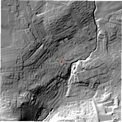 Shaded relief map of the ground around LS257DB, computed from Environment Agency LiDAR. The ground here sits at about 49 m above sea level and falls 34 m across the surrounding 800 m. Surface water reaching this point runs off ground lying to the west-north-west, 15.7 m higher.
