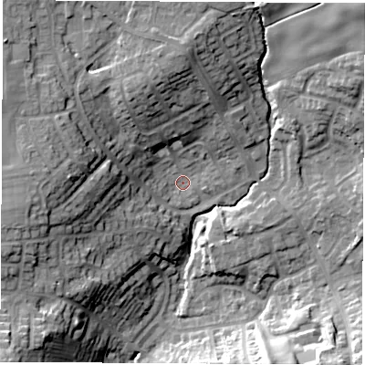 Shaded relief map of the ground around LS257DE, computed from Environment Agency LiDAR. The ground here sits at about 48 m above sea level and falls 29 m across the surrounding 800 m. Surface water reaching this point runs off ground lying to the north, 17.0 m higher.
