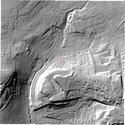 Shaded relief map of the ground around LS257JJ, computed from Environment Agency LiDAR. The ground here sits at about 48 m above sea level and falls 48 m across the surrounding 800 m. Surface water reaching this point runs off ground lying to the east-south-east, 22.9 m higher.