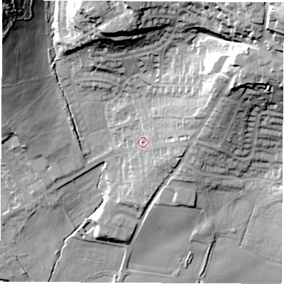 Shaded relief map of the ground around LS257LB, computed from Environment Agency LiDAR. The ground here sits at about 36 m above sea level and falls 60 m across the surrounding 800 m. Surface water reaching this point runs off ground lying to the east-north-east, 14.3 m higher.