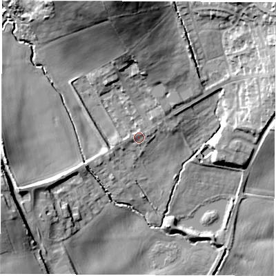 Shaded relief map of the ground around LS257LE, computed from Environment Agency LiDAR. The ground here sits at about 27 m above sea level and falls 35 m across the surrounding 800 m. Surface water reaching this point runs off ground lying to the north-north-west, 28.5 m higher.