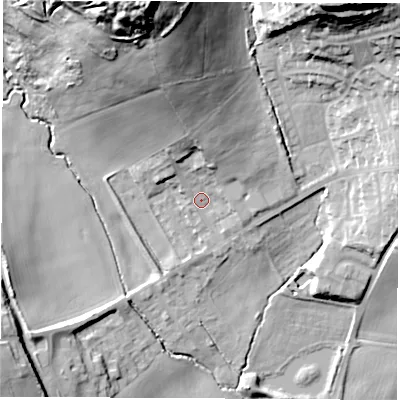 Shaded relief map of the ground around LS257LH, computed from Environment Agency LiDAR. The ground here sits at about 29 m above sea level and falls 54 m across the surrounding 800 m. Surface water reaching this point runs off ground lying to the north-north-west, 22.9 m higher.