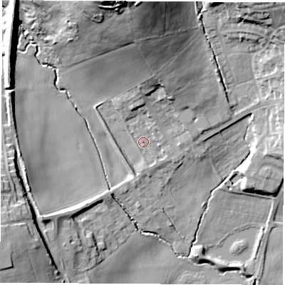 Shaded relief map of the ground around LS257LL, computed from Environment Agency LiDAR. The ground here sits at about 27 m above sea level and falls 44 m across the surrounding 800 m. Surface water reaching this point runs off ground lying to the south-south-west, 2.5 m higher.