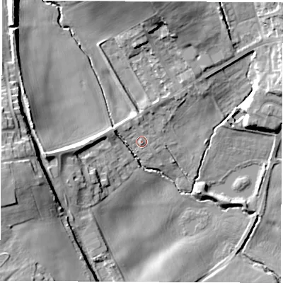 Shaded relief map of the ground around LS257LN, computed from Environment Agency LiDAR. The ground here sits at about 27 m above sea level and falls 29 m across the surrounding 800 m. Surface water reaching this point runs off ground lying to the north-west, 2.2 m higher.