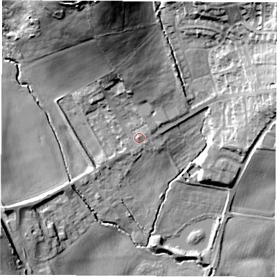 Shaded relief map of the ground around LS257LQ, computed from Environment Agency LiDAR. The ground here sits at about 29 m above sea level and falls 42 m across the surrounding 800 m. Surface water reaching this point runs off ground lying to the north-north-west, 23.2 m higher.