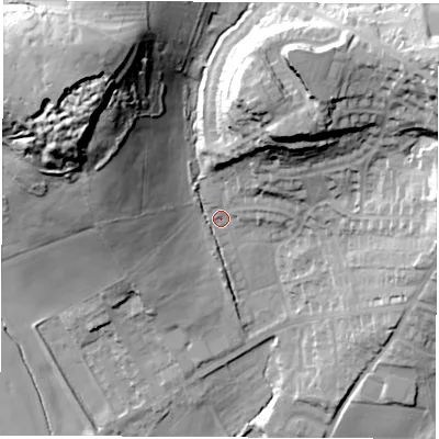 Shaded relief map of the ground around LS257NJ, computed from Environment Agency LiDAR. The ground here sits at about 32 m above sea level and falls 54 m across the surrounding 800 m. Surface water reaching this point runs off ground lying to the north-west, 46.5 m higher.