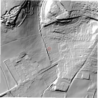 Shaded relief map of the ground around LS257NL, computed from Environment Agency LiDAR. The ground here sits at about 31 m above sea level and falls 55 m across the surrounding 800 m. Surface water reaching this point runs off ground lying to the north-west, 47.5 m higher.