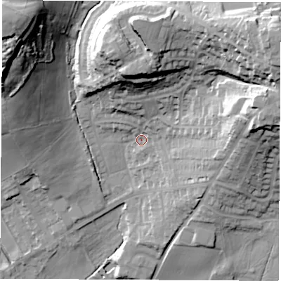 Shaded relief map of the ground around LS257NQ, computed from Environment Agency LiDAR. The ground here sits at about 34 m above sea level and falls 55 m across the surrounding 800 m. Surface water reaching this point runs off ground lying to the north-east, 45.2 m higher.