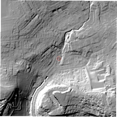 Shaded relief map of the ground around LS257NS, computed from Environment Agency LiDAR. The ground here sits at about 43 m above sea level and falls 43 m across the surrounding 800 m. Surface water reaching this point runs off ground lying to the north-west, 21.0 m higher.
