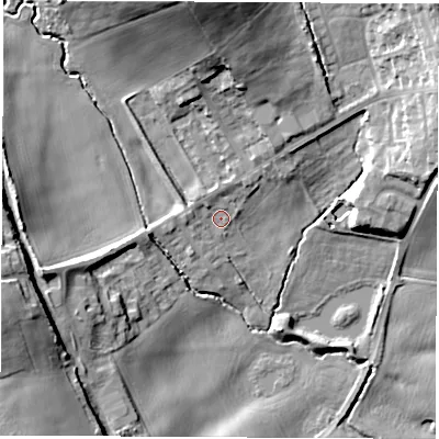 Shaded relief map of the ground around LS257NW, computed from Environment Agency LiDAR. The ground here sits at about 26 m above sea level and falls 30 m across the surrounding 800 m. Surface water reaching this point runs off ground lying to the west-north-west, 2.5 m higher.