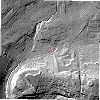 Shaded relief map of the ground around LS257PA, computed from Environment Agency LiDAR. The ground here sits at about 46 m above sea level and falls 51 m across the surrounding 800 m. Surface water reaching this point runs off ground lying to the east-north-east, 1.2 m higher.
