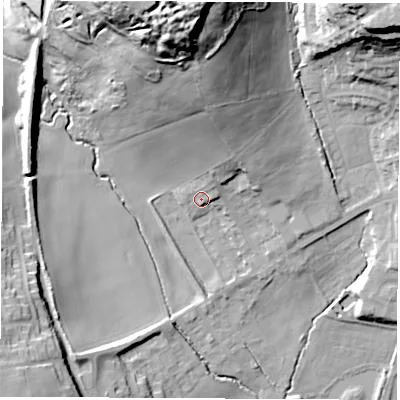 Shaded relief map of the ground around LS257SF, computed from Environment Agency LiDAR. The ground here sits at about 31 m above sea level and falls 55 m across the surrounding 800 m. Surface water reaching this point runs off ground lying to the north-north-east, 19.3 m higher.