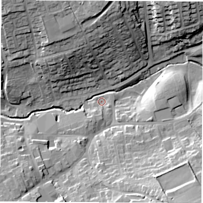 Shaded relief map of the ground around LS260AU, computed from Environment Agency LiDAR. The ground here sits at about 33 m above sea level and falls 33 m across the surrounding 800 m. Surface water reaching this point runs off ground lying to the south-south-west, 5.5 m higher.