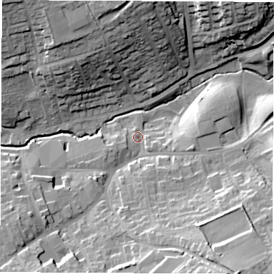 Shaded relief map of the ground around LS260EG, computed from Environment Agency LiDAR. The ground here sits at about 34 m above sea level and falls 32 m across the surrounding 800 m. Surface water reaching this point runs off ground lying to the south-south-east, 24.9 m higher.
